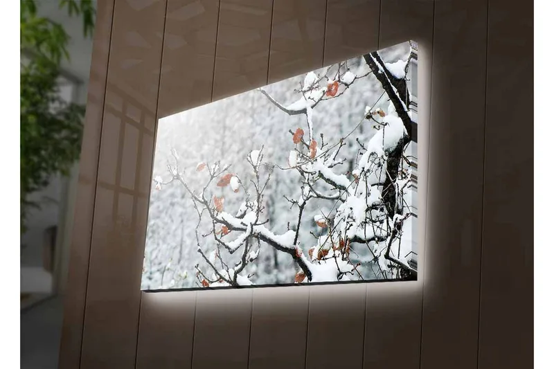 Lerretsbilde med LED-belysning - Snødekte grener med brune blader - Hvit / Brun / Grå - Interiør - Maleri & posters - Lerretsbilder
