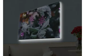 Lerretsbilde med LED-belysning - Snøflak på et grønt grantre med julepynt - Grønn / Hvit / Rosa - Interiør - Maleri & posters - Lerretsbilder
