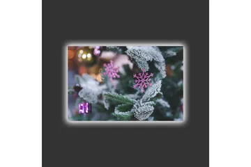 Lerretsbilde med LED-belysning - Snøflak på et grønt grantre med julepynt - Grønn / Hvit / Rosa - Interiør - Maleri & posters - Lerretsbilder