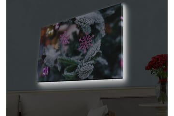 Lerretsbilde med LED-belysning - Snøflak på et grønt grantre med julepynt - Grønn / Hvit / Rosa - Interiør - Maleri & posters - Lerretsbilder