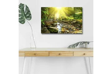 Lerretsbilde med LED-belysning - Solbelyst skog med en klukkende bekk - Grønn / Gul / Brun - Interiør - Maleri & posters - Lerretsbilder