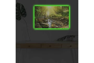 Lerretsbilde med LED-belysning - Solbelyst skog med en klukkende bekk - Grønn / Gul / Brun - Interiør - Maleri & posters - Lerretsbilder