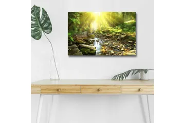 Lerretsbilde med LED-belysning - Solbelyst skog med en klukkende bekk - Grønn / Gul / Brun - Interiør - Maleri & posters - Lerretsbilder