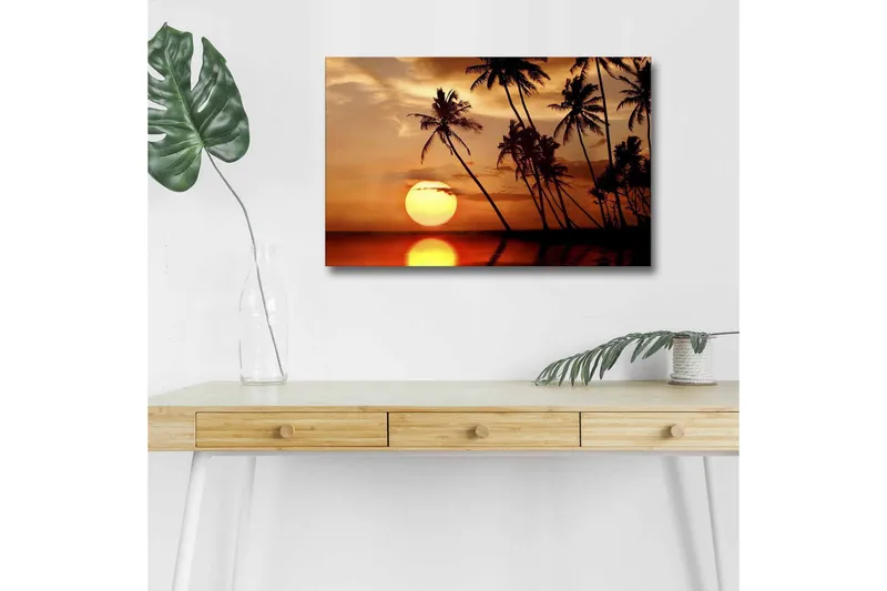 Lerretsbilde med LED-belysning - Solnedgang med palmer i horisonten, Oransje / Svart / Gull