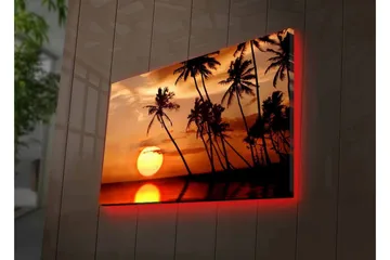 Lerretsbilde med LED-belysning - Solnedgang med palmer i horisonten - Oransje / Svart / Gull - Interiør - Maleri & posters - Lerretsbilder
