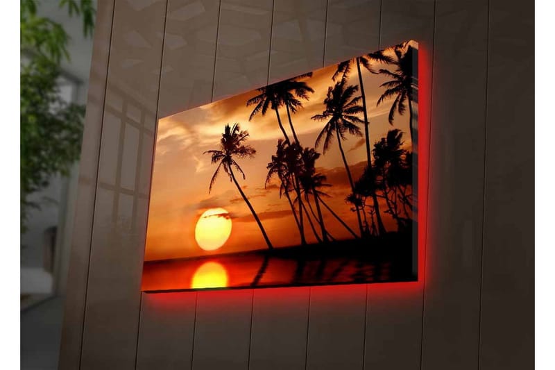 Lerretsbilde med LED-belysning - Solnedgang med palmer i horisonten - Oransje / Svart / Gull - Interiør - Maleri & posters - Lerretsbilder