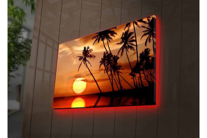 Lerretsbilde med LED-belysning - Solnedgang med palmer i horisonten - Oransje / Svart / Gull - Interiør - Maleri & posters - Lerretsbilder