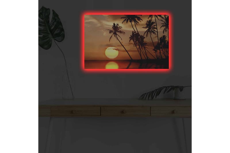 Lerretsbilde med LED-belysning - Solnedgang med palmer i horisonten - Oransje / Svart / Gull - Interiør - Maleri & posters - Lerretsbilder