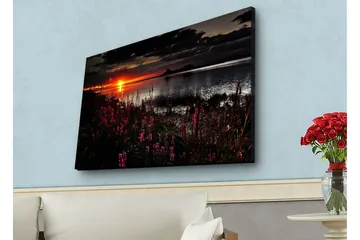 Lerretsbilde med LED-belysning - Solnedgang over en speilblank innsjø med blomstrende planter i forgrunnen - Mørk rosa / Oransje / Svart - Interiør - Maleri & posters - Lerretsbilder