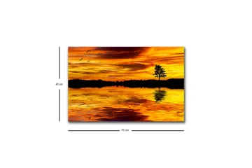 Lerretsbilde med LED-belysning - Solnedgang over en speilblank innsjø med en silhuett av et tre - Gull / Oransje / Svart - Interiør - Maleri & posters - Lerretsbilder