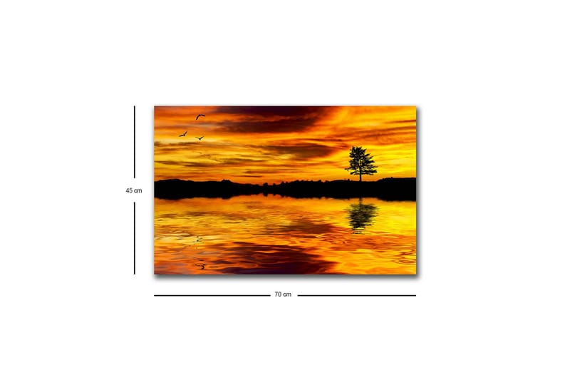 Lerretsbilde med LED-belysning - Solnedgang over en speilblank innsjø med en silhuett av et tre - Gull / Oransje / Svart - Interiør - Maleri & posters - Lerretsbilder