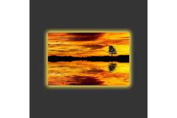 Lerretsbilde med LED-belysning - Solnedgang over en speilblank innsjø med en silhuett av et tre - Gull / Oransje / Svart - Interiør - Maleri & posters - Lerretsbilder