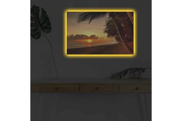 Lerretsbilde med LED-belysning - Solnedgang over en strand med palmer i forgrunnen - Oransje / Mørkegrønn / Brun - Interiør - Maleri & posters - Lerretsbilder