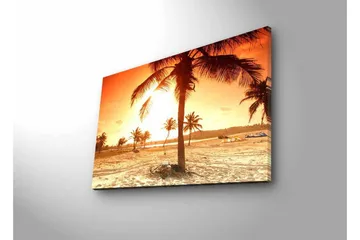 Lerretsbilde med LED-belysning - Solnedgang over en strand med palmer - Oransje / Gull / Beige - Interiør - Maleri & posters - Lerretsbilder