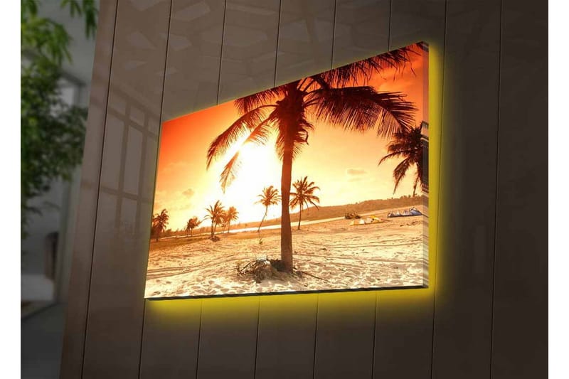Lerretsbilde med LED-belysning - Solnedgang over en strand med palmer - Oransje / Gull / Beige - Interiør - Maleri & posters - Lerretsbilder