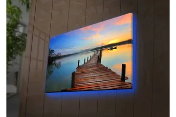 Lerretsbilde med LED-belysning - Solnedgang over en trebrygge ved vannet - Oransje / Blå / Brun - Interiør - Maleri & posters - Lerretsbilder