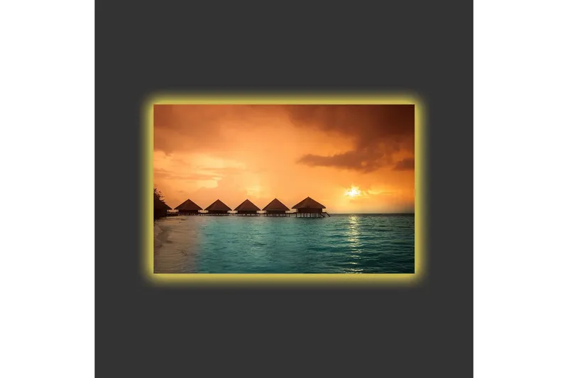 Lerretsbilde med LED-belysning - Solnedgang over en tropisk strand med bungalower over vannet - Oransje / Turkis - Interiør - Maleri & posters - Lerretsbilder