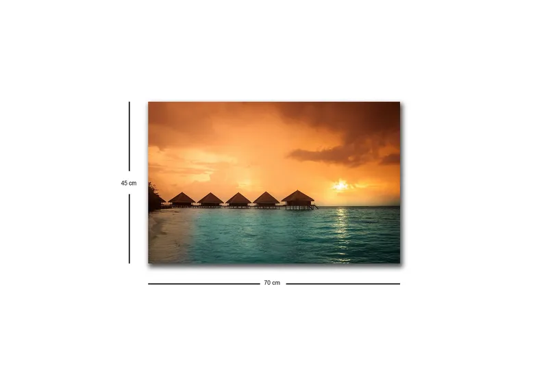 Lerretsbilde med LED-belysning - Solnedgang over en tropisk strand med bungalower over vannet - Oransje / Turkis - Interiør - Maleri & posters - Lerretsbilder