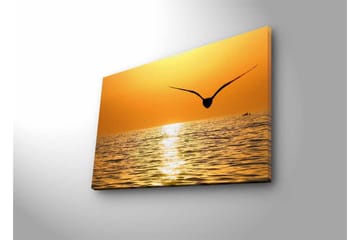Lerretsbilde med LED-belysning - Solnedgang over havet med en fugl i flukt - Gull / Oransje / Svart - Interiør - Maleri & posters - Lerretsbilder