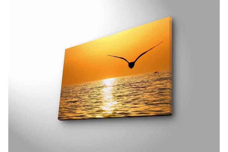 Lerretsbilde med LED-belysning - Solnedgang over havet med en fugl i flukt - Gull / Oransje / Svart - Interiør - Maleri & posters - Lerretsbilder