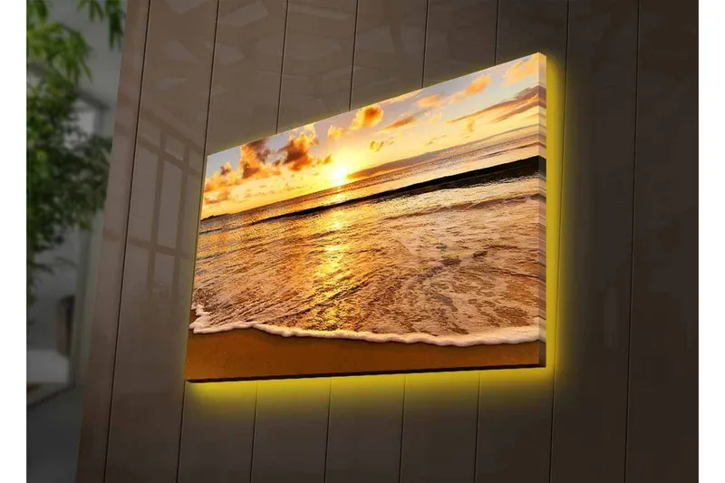 Lerretsbilde med LED-belysning - Solnedgang over havet med refleksjoner på vannet - Gull / Blå / Sandbeige - Interiør - Maleri & posters - Lerretsbilder