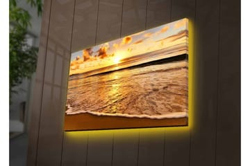 Lerretsbilde med LED-belysning - Solnedgang over havet med refleksjoner på vannet - Gull / Blå / Sandbeige - Interiør - Maleri & posters - Lerretsbilder