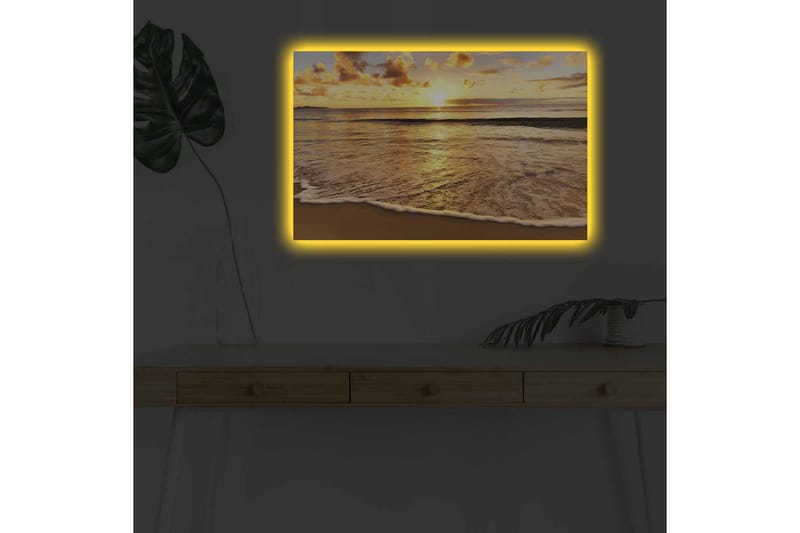 Lerretsbilde med LED-belysning - Solnedgang over havet med refleksjoner på vannet - Gull / Blå / Sandbeige - Interiør - Maleri & posters - Lerretsbilder