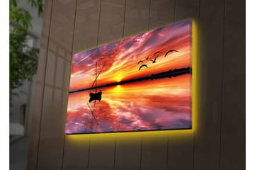 Lerretsbilde med LED-belysning - Solnedgang over rolig vann med en båt og flygende fugler - Oransje / Lilla / Blå - Interiør - Maleri & posters - Lerretsbilder