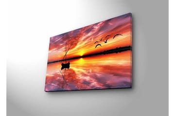 Lerretsbilde med LED-belysning - Solnedgang over rolig vann med en båt og flygende fugler - Oransje / Lilla / Blå - Interiør - Maleri & posters - Lerretsbilder