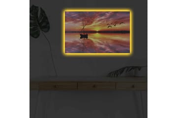 Lerretsbilde med LED-belysning - Solnedgang over rolig vann med en båt og flygende fugler - Oransje / Lilla / Blå - Interiør - Maleri & posters - Lerretsbilder