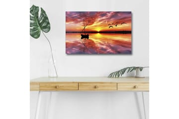 Lerretsbilde med LED-belysning - Solnedgang over rolig vann med en båt og flygende fugler - Oransje / Lilla / Blå - Interiør - Maleri & posters - Lerretsbilder