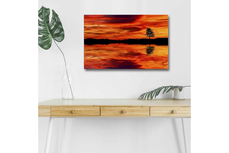 Lerretsbilde med LED-belysning - Solnedgang over rolig vann med silhuetten av et ensomt tre, Oransje / Rød / Svart