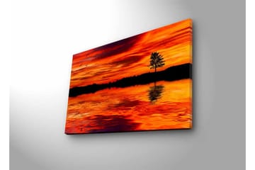 Lerretsbilde med LED-belysning - Solnedgang over rolig vann med silhuetten av et ensomt tre - Oransje / Rød / Svart - Interiør - Maleri & posters - Lerretsbilder