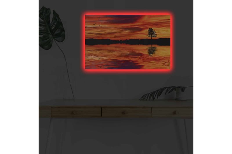Lerretsbilde med LED-belysning - Solnedgang over rolig vann med silhuetten av et ensomt tre - Oransje / Rød / Svart - Interiør - Maleri & posters - Lerretsbilder