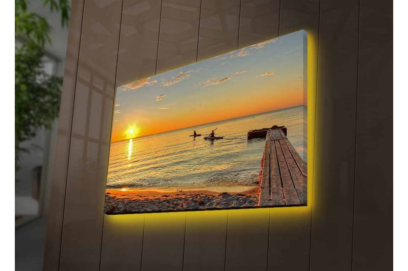 Lerretsbilde med LED-belysning - Solnedgang over rolig vann med padlere i horisonten - Gull / Oransje / Blå - Interiør - Maleri & posters - Lerretsbilder