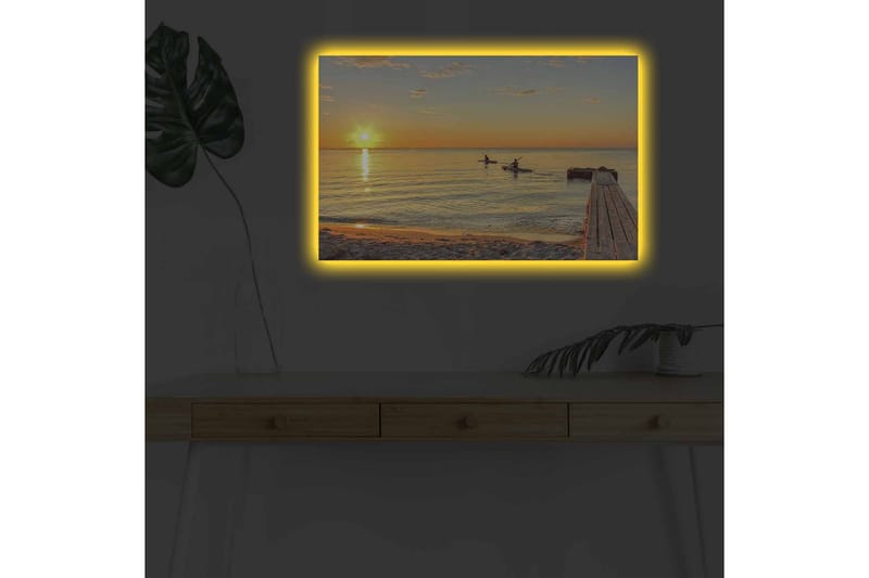 Lerretsbilde med LED-belysning - Solnedgang over rolig vann med padlere i horisonten - Gull / Oransje / Blå - Interiør - Maleri & posters - Lerretsbilder