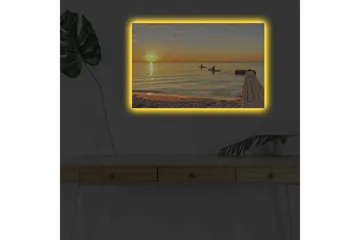 Lerretsbilde med LED-belysning - Solnedgang over rolig vann med padlere i horisonten - Gull / Oransje / Blå - Interiør - Maleri & posters - Lerretsbilder