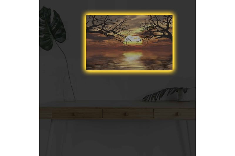 Lerretsbilde med LED-belysning - Solnedgang over speillignende vannflater med silhuetter av tregrener - Gull / Oransje / Svart - Interiør - Maleri & posters - Lerretsbilder