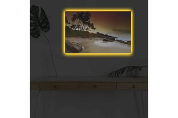 Lerretsbilde med LED-belysning - Solnedgang ved en tropisk strand med palmer og steiner - Mørk brun / Beige / Grønn - Interiør - Maleri & posters - Lerretsbilder
