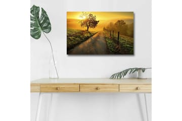 Lerretsbilde med LED-belysning - Soloppgang over en svingete vei med trær og et gjerde - Gull / Grønn / Brun - Interiør - Maleri & posters - Lerretsbilder