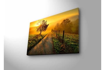 Lerretsbilde med LED-belysning - Soloppgang over en svingete vei med trær og et gjerde - Gull / Grønn / Brun - Interiør - Maleri & posters - Lerretsbilder