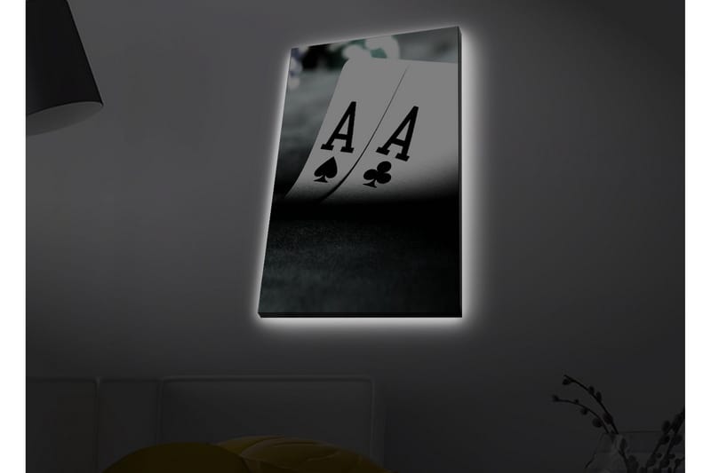 Lerretsbilde med LED-belysning - Spillkort med to ess i fokus - Svart / Hvit / Grønn - Interiør - Maleri & posters - Lerretsbilder