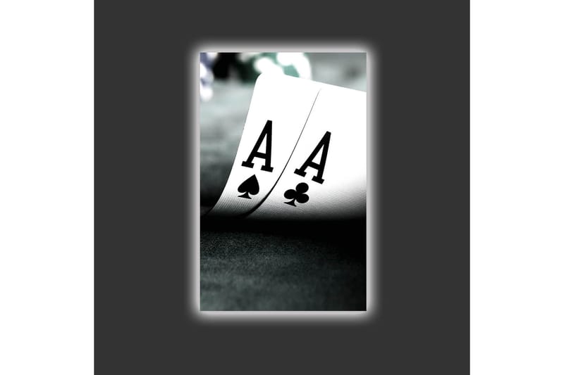 Lerretsbilde med LED-belysning - Spillkort med to ess i fokus - Svart / Hvit / Grønn - Interiør - Maleri & posters - Lerretsbilder