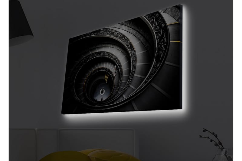 Lerretsbilde med LED-belysning - Spiraltrapp med elegante detaljer - Svart / Grå / Gul - Interiør - Maleri & posters - Lerretsbilder