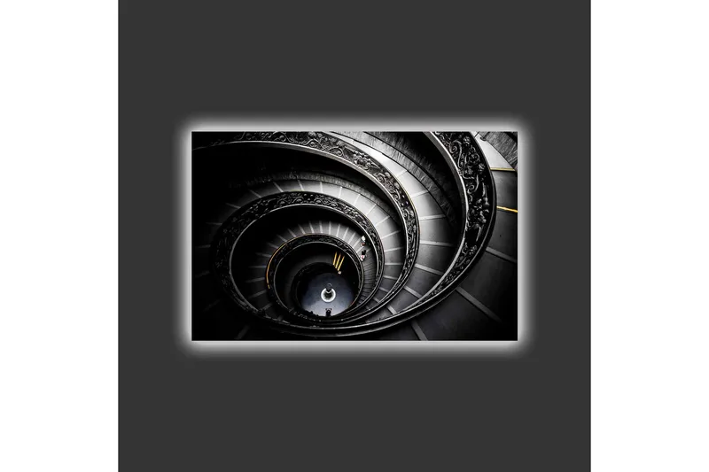 Lerretsbilde med LED-belysning - Spiraltrapp med elegante detaljer - Svart / Grå / Gul - Interiør - Maleri & posters - Lerretsbilder