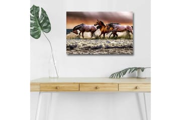 Lerretsbilde med LED-belysning - Sprudlende hester galopperer gjennom bølgene ved havet - Brun / Beige / Blå - Interiør - Maleri & posters - Lerretsbilder