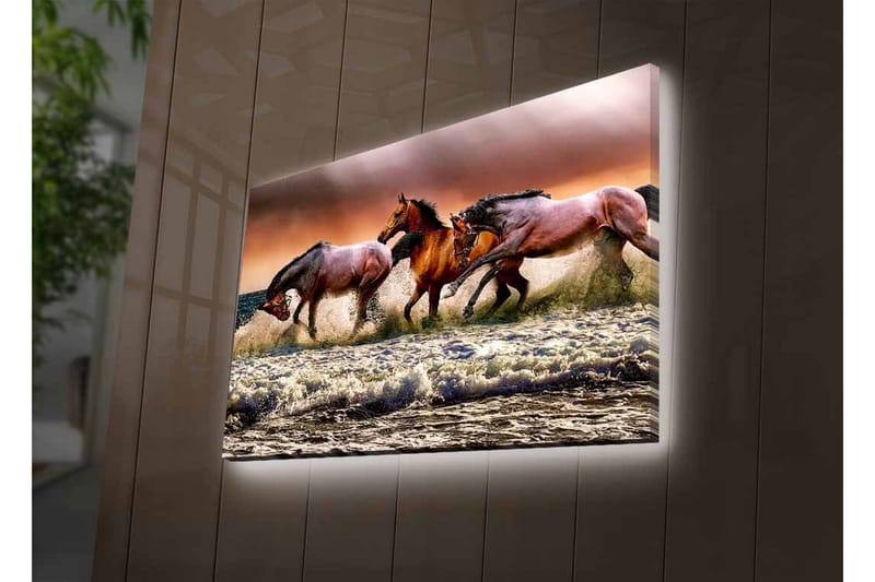 Lerretsbilde med LED-belysning - Sprudlende hester galopperer gjennom bølgene ved havet - Brun / Beige / Blå - Interiør - Maleri & posters - Lerretsbilder