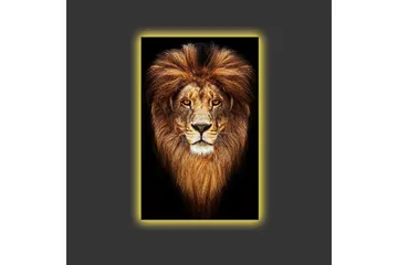 Lerretsbilde med LED-belysning - Statlig løvehode med majestetisk manke - Gull / Svart / Brun - Interiør - Maleri & posters - Lerretsbilder