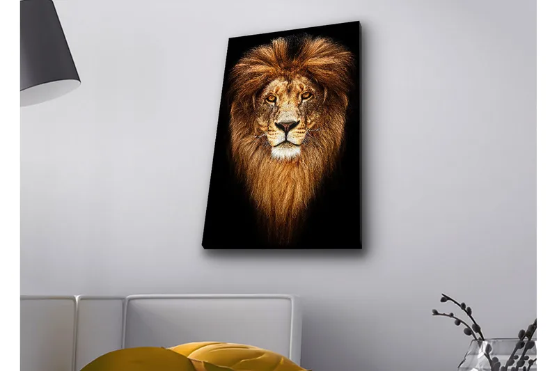 Lerretsbilde med LED-belysning - Statlig løvehode med majestetisk manke - Gull / Svart / Brun - Interiør - Maleri & posters - Lerretsbilder