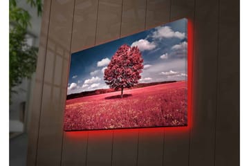 Lerretsbilde med LED-belysning - Statlig rosa tre på en fargerik eng - Rosa / Grønn / Blå - Interiør - Maleri & posters - Lerretsbilder